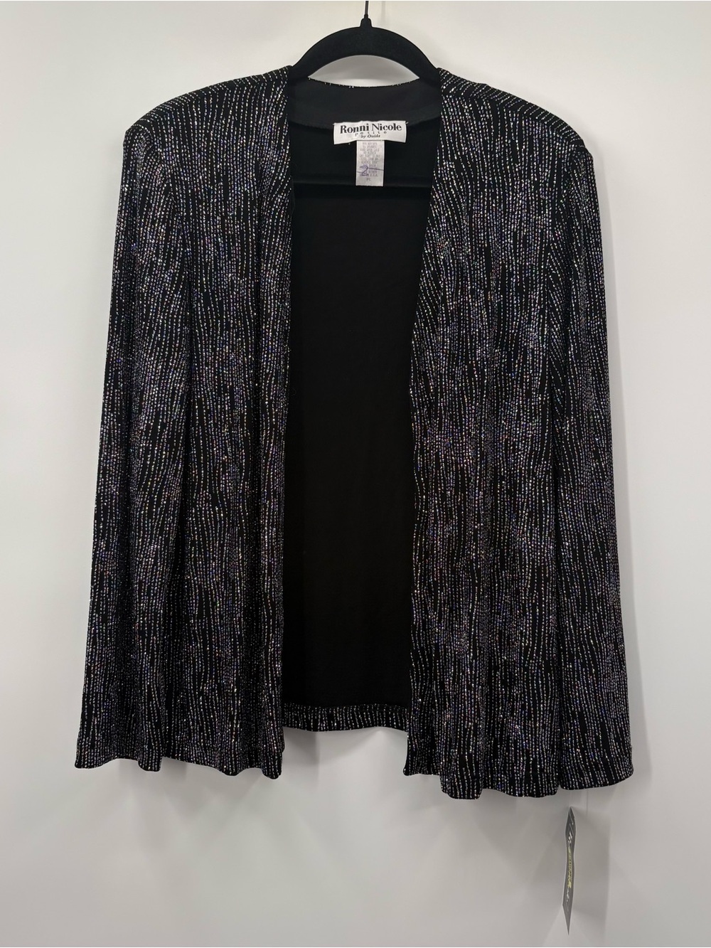 Ronni Nicole Black Open-Front Cardigan with Silver Metallic Thread